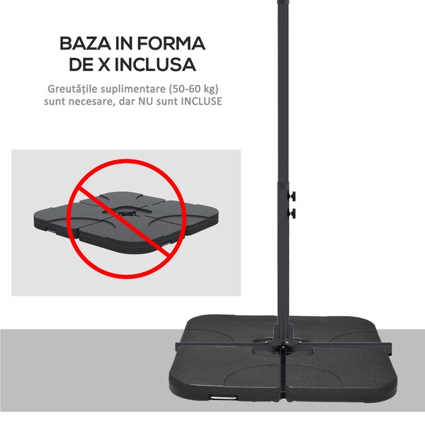 Outsunny Umbrelă Consolă 3m cu Bază în Cruce, Model Banana cu Manivelă, 6 Spite, Umbrelă Dreptunghiulară pentru Terasă, Gri | Aosom Romania