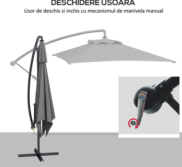 Outsunny Umbrelă Consolă 3m cu Bază în Cruce, Model Banana cu Manivelă, 6 Spite, Umbrelă Dreptunghiulară pentru Terasă, Gri | Aosom Romania