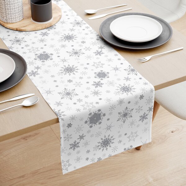 Goldea napron de masă 100% bumbac exclusiv de crăciun - fulgi de zăpadă argintii pe alb 35x140 cm