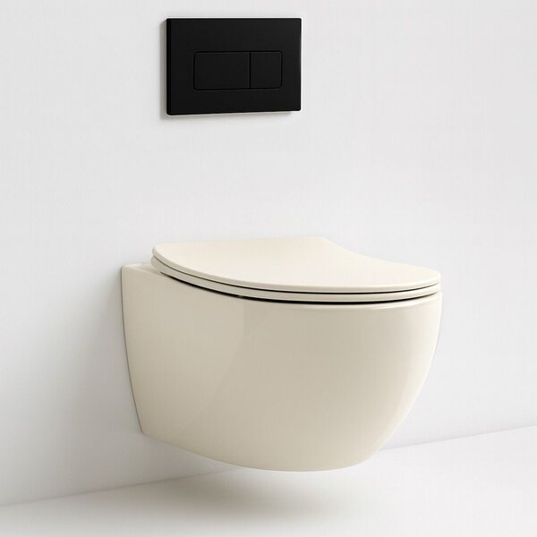 Rea Carlo Mini, vas de toaletă suspendat 495x370x355mm + capac WC, Ecru, REA-C5500