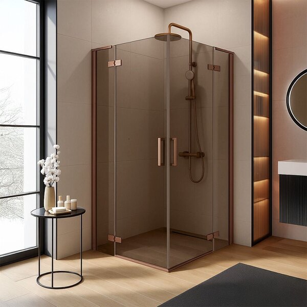 Cabină de duș Rea Hugo Double cu 2 aripi 80 (ușă) x 80 (ușă) x 200 cm, sticlă gri 6 mm, profil cupru, KPL-K6971