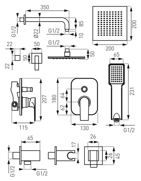 Set de dus, Ferro, Square, baterie dus incastrata, palarie dus si para, crom