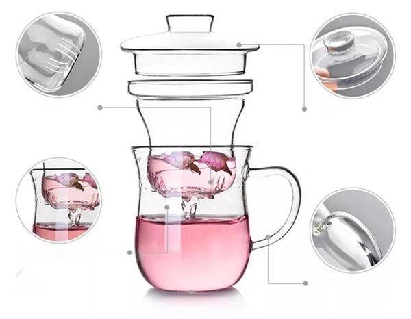 Cana din Sticla borosilicata cu Infuzor si capac din sticla, 350 ML