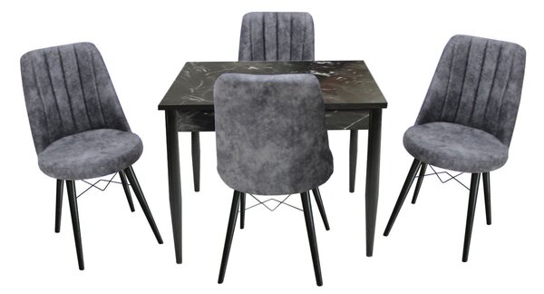 Set masă fixă Deco Negru Marmorat cu 4 scaune Apollo Gri Închis