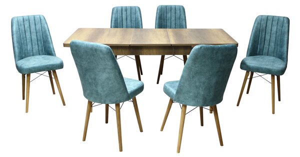 Set masă extensibilă Aris Nuc cu 6 scaune Atena Blue