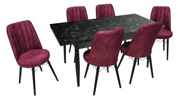 Set masă extensibilă Aris Negru Marmorat cu 6 scaune Apollo Bordo Picior Negru