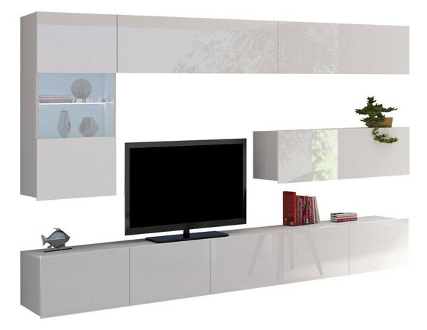 Set de living Remus IV, Alb lucios, Alb, Sticlă călită, PAL laminat, 106 kg