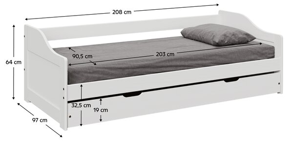 KONDELA Pat cu pat suplimentar extensibil, alb, lemn masiv, 90x200, LAURA NEW