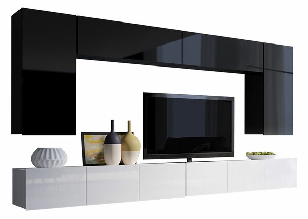 Set de living Remus XIII, Alb, Alb lucios, Negru, Negru lucios, PAL laminat, 116 kg