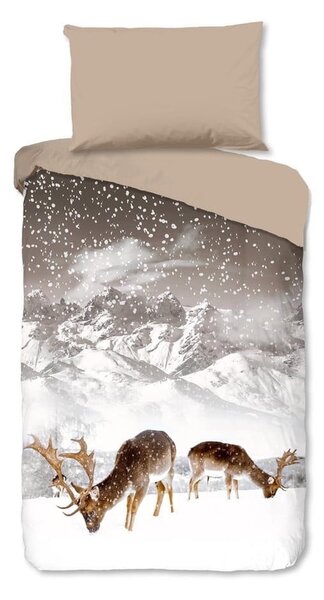 Lenjerie de pat din flanelă Good Morning Winter, 140 x 200 cm, maro-bej