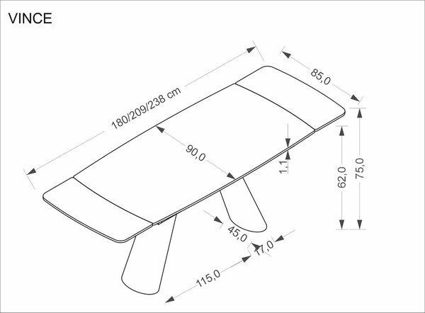 Masa extensibila VINCE, maro/negru, piatra sinterizata/metal, 180/238x