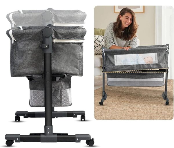 Pătuț Co-Sleeper Reglabil pentru Bebeluşi, Poliester + Metal, cu Roti și Coș