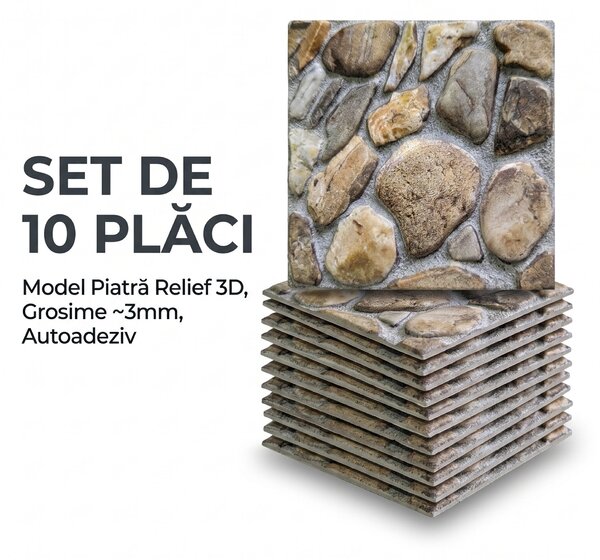 Set 10 Placi Decorative 3D Autoadezive, Imitatie Piatra Maro, 30x30 cm, Grosime 3 mm