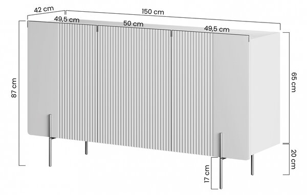 Comodă cu trei uși Malmi 150 cm - cashmere / crema bianca / picioare aurii