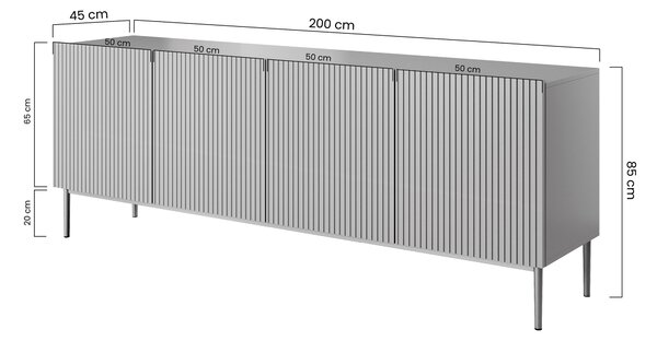 Comodă Nicole 200 cm cu patru uși, fronturi riflate - alb mat / picioare negre