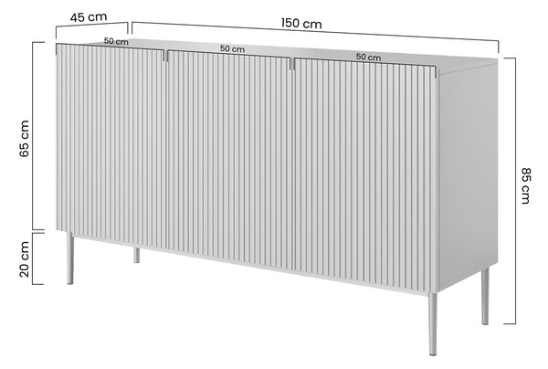 Comodă Nicole 150 cm cu trei uși, fronturi riflate - casmir / picioare aurii