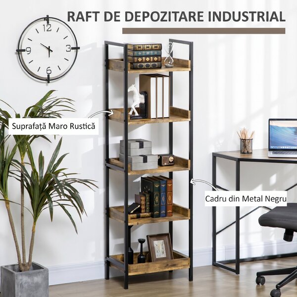 Biblioteca in stil industrial cu 5 rafturi, dulap de biblioteca din lemn si metal pentru casa si biroU HOMCOM | Aosom RO