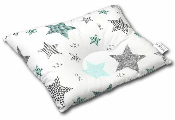 Set paturica dubla pufoasa cu doua fete 100x78 cm si perna bebelusi contra plagiocefaliei Kidizi All Mint Stars