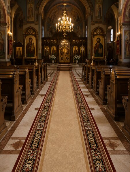 Traversa Hol Pensiune Hotel Biserica, Model Lotos 518 120, Latime 120 cm, Rosu Grena Bej, Festonata la capete 120 x 300