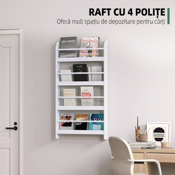 HOMCOM Etajeră de Perete Modernă cu 4 Rafturi din Lemn, Design Elegant pentru Living sau Birou, Alb, 59x12x113cm | Aosom Romania