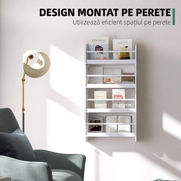 HOMCOM Etajeră de Perete Modernă cu 4 Rafturi din Lemn, Design Elegant pentru Living sau Birou, Alb, 59x12x113cm | Aosom Romania