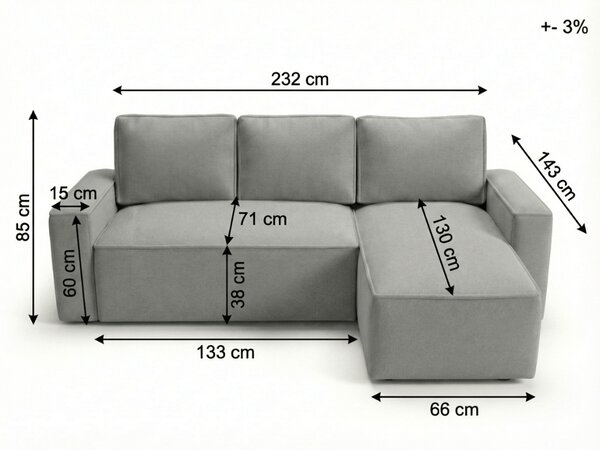 Canapea extensibila de colt SMART BOUCLE, gri-bej, reversibila, 232x143 cm