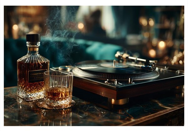 Tablou gramofon și pahar de whisky