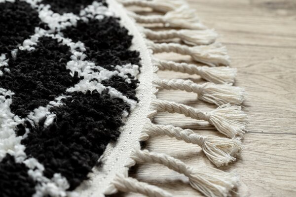 Covor Berber Ethnic G3802 cerc negru si alb Franjuri shaggy