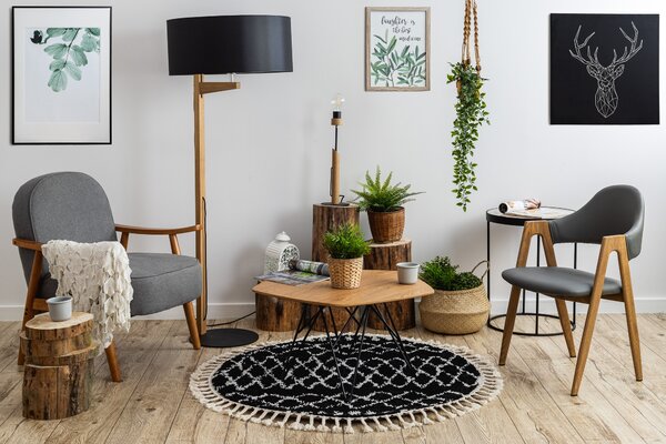 Covor Berber Ethnic G3802 cerc negru si alb Franjuri shaggy