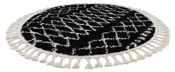 Covor Berber Ethnic G3802 cerc negru si alb Franjuri shaggy