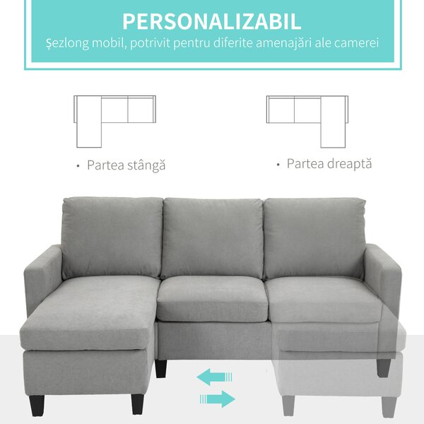 HOMCOM Canapea de colt modulara si moderna, canapea 3 locuri cu peninsula reversibila din material textil gri deschis, 197x139x 91 cm | Aosom Romania