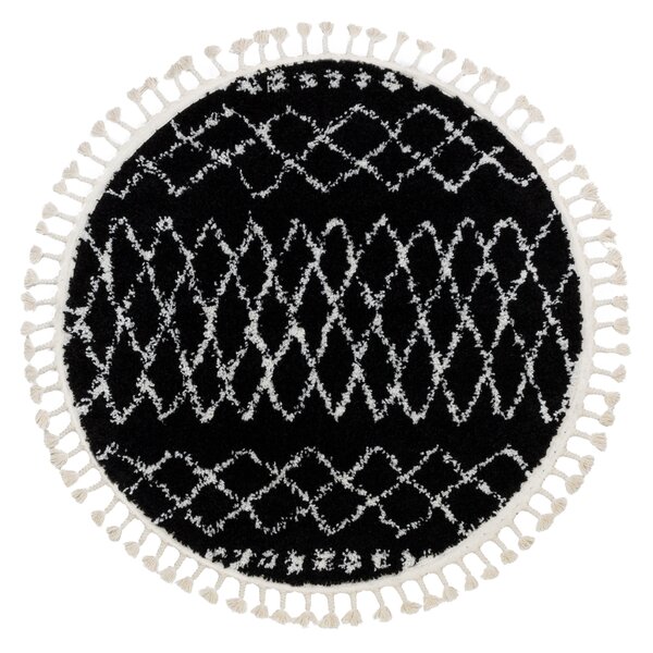 Covor Berber Ethnic G3802 cerc negru si alb Franjuri shaggy