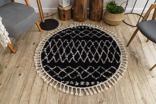 Covor Berber Ethnic G3802 cerc negru si alb Franjuri shaggy