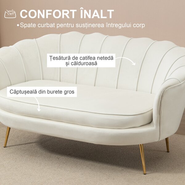 HOMCOM Canapea 2 Locuri Crem în Stil Vintage Industrial Chic din Catifea pentru Eleganță în Intrare | Aosom Romania