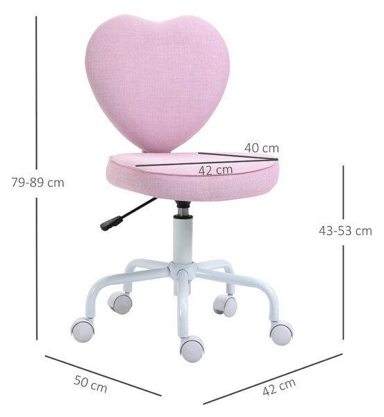 HOMCOM Scaun de Birou în Formă de Inimă, Bază cu 5 Roți, Înălțime Reglabilă, 40x50x79-89 cm, Roz | Aosom Romania