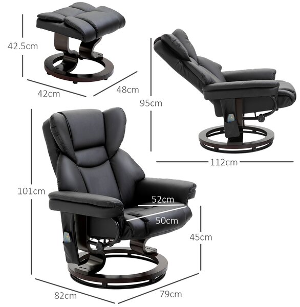 HOMCOM Scaun cu Puf Suport pentru Picioare și Funcție de Masaj, Reclinabil la 145° și Rotativ la 360°, Negru | Aosom Romania