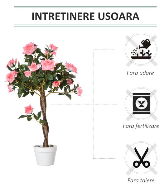 Outsunny Plantă Artificială de Trandafiri cu 21 de Flori, Ghiveci Umplut cu Ciment și Mușchi, Ø18x90 cm, Roz | Aosom Romania