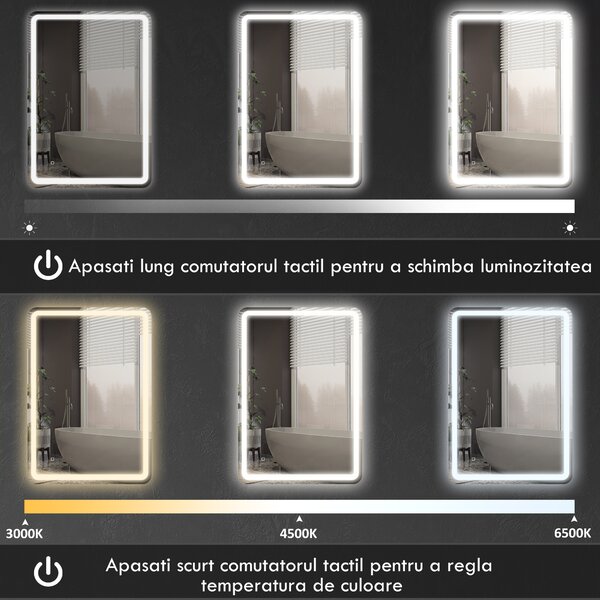 Kleankin Oglinda pentru Baie cu Lumini LED, 70x 4 x 100cm, Argintiu | Aosom Romania