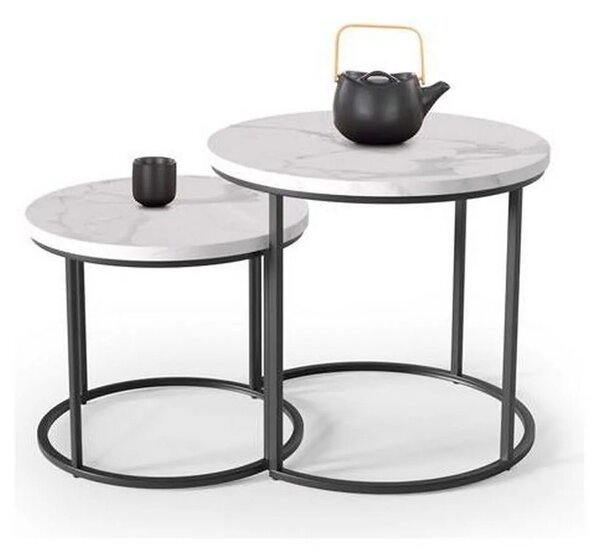 Set 2 masute cafea OREO, alb cu efect de marmura/negru