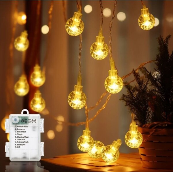 Aigostar - Ghirlandă LED pentru exterior, 100 LED, 3x AA, 8 funcții, 10,3 m, IP44, alb cald