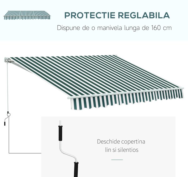 Outsunny Copertina Soare cu Brate de Exterior Reglare cu Manivela, Metal si Poliester, 295x250cm Verde si Alba
