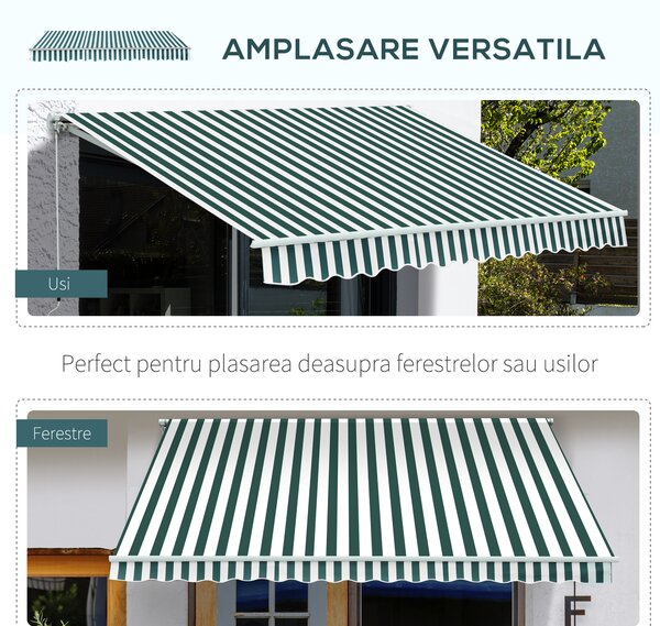 Outsunny Copertina Soare cu Brate de Exterior Reglare cu Manivela, Metal si Poliester, 295x250cm Verde si Alba