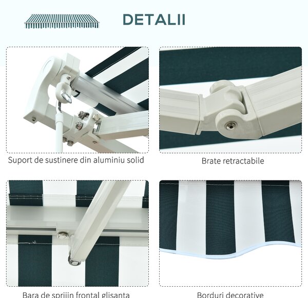 Outsunny Copertina Soare cu Brate de Exterior Reglare cu Manivela, Metal si Poliester, 295x250cm Verde si Alba