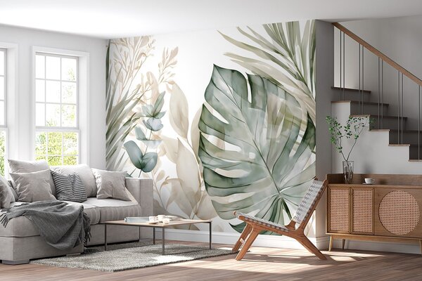 Tapet Frunze tropicale mari, în stil acuarelă, Fototapet Natură, w05867 : Uwalls.ro