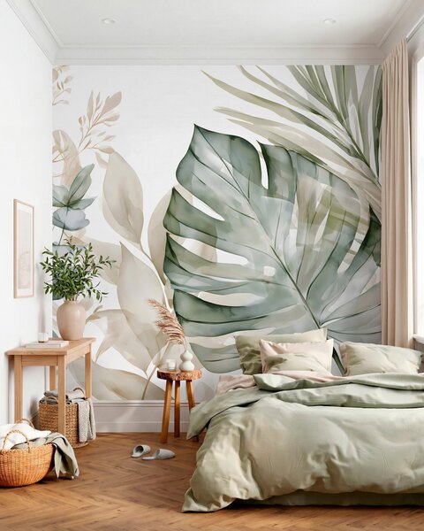 Tapet Frunze tropicale mari, în stil acuarelă, Fototapet Natură, w05867 : Uwalls.ro
