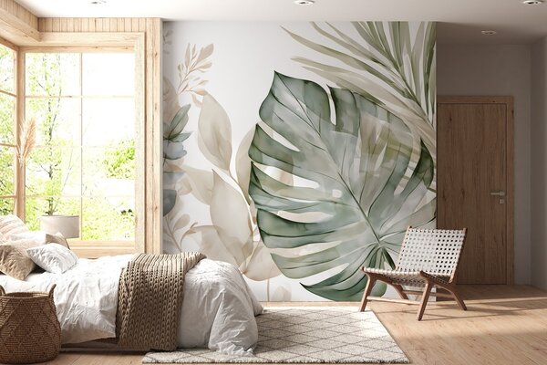 Tapet Frunze tropicale mari, în stil acuarelă, Fototapet Natură, w05867 : Uwalls.ro