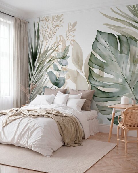 Tapet Frunze tropicale mari, în stil acuarelă, Fototapet Natură, w05867 : Uwalls.ro