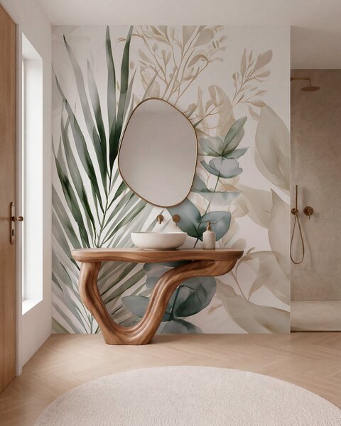 Tapet Frunze tropicale mari, în stil acuarelă, Fototapet Natură, w05867 : Uwalls.ro