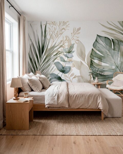 Tapet Frunze tropicale mari, în stil acuarelă, Fototapet Natură, w05867 : Uwalls.ro
