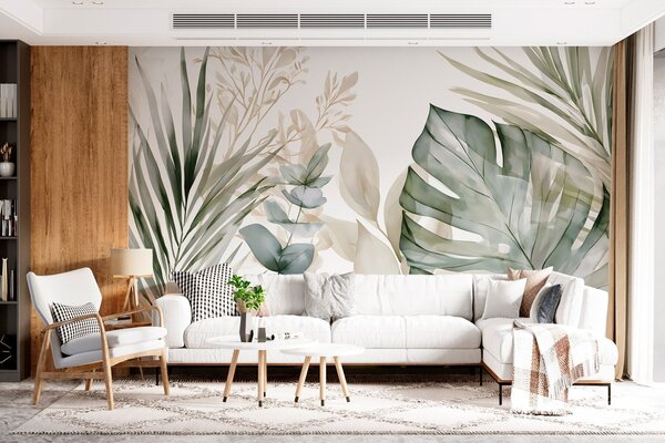 Tapet Frunze tropicale mari, în stil acuarelă, Fototapet Natură, w05867 : Uwalls.ro